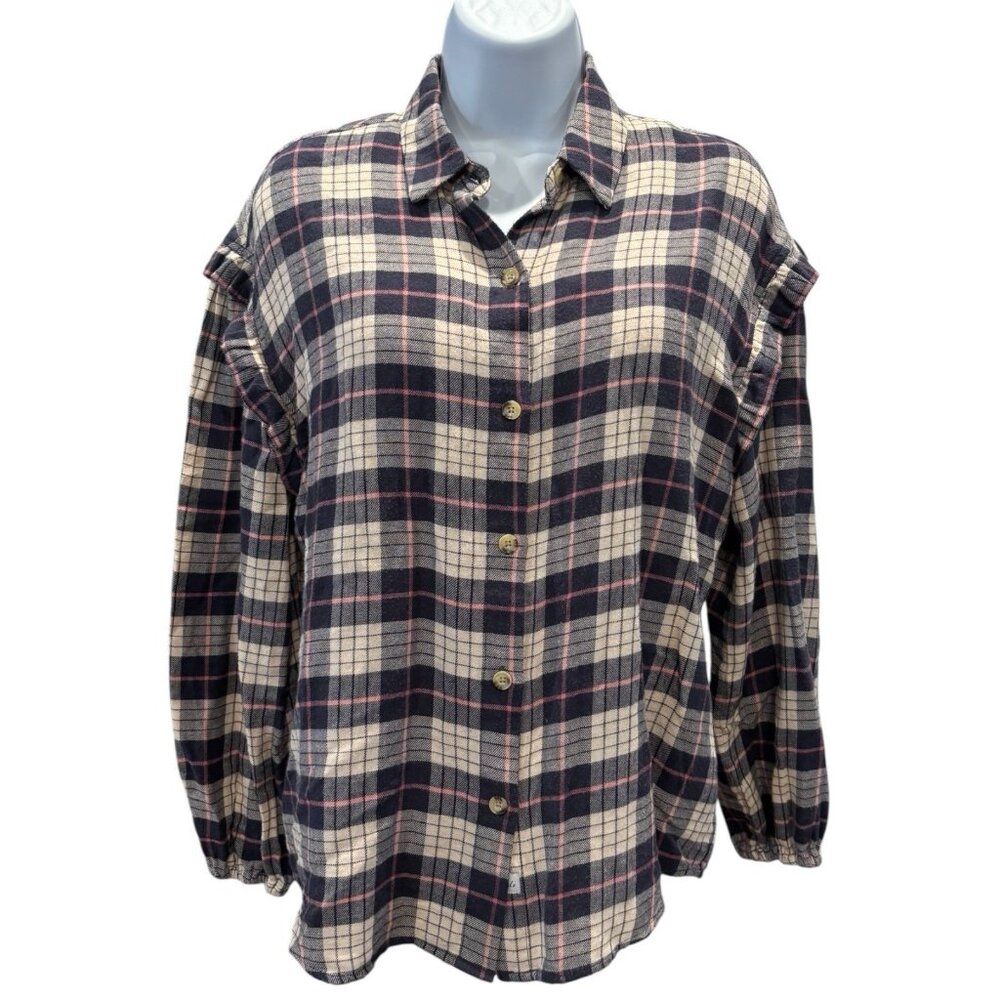 Rails Willow Plaid Shirt Small | Almond‎ Pink Navy | Ruffle Shoulder Fall Button